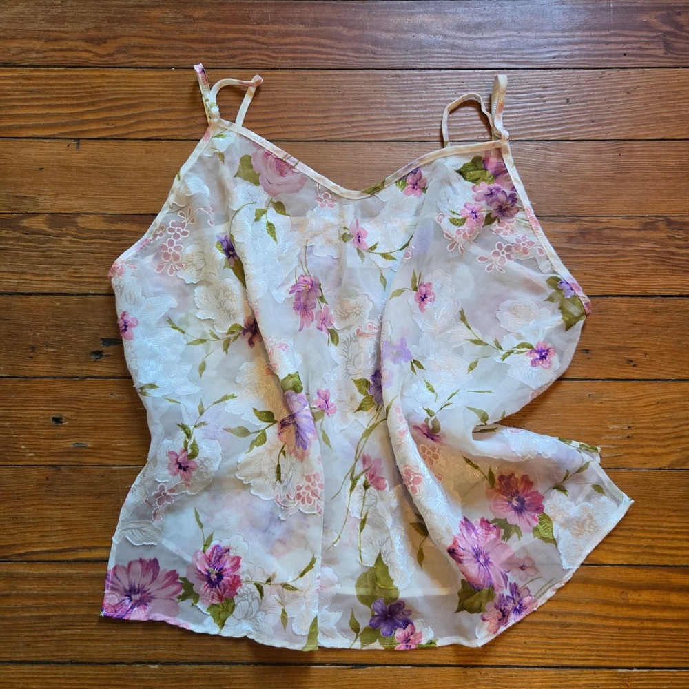 Vintage y2k semi sheer delicate Floral open side cami tank fairy cottage 2x
